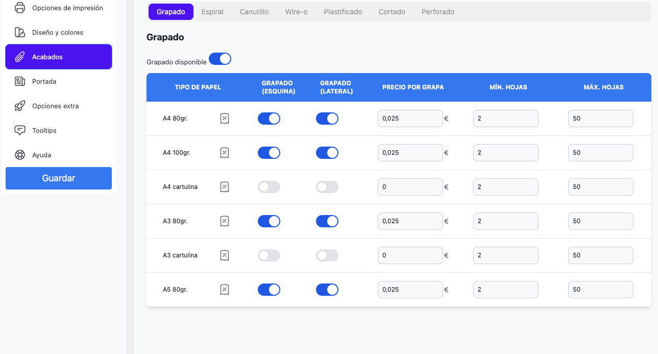 Acabados del plugin de copistería online